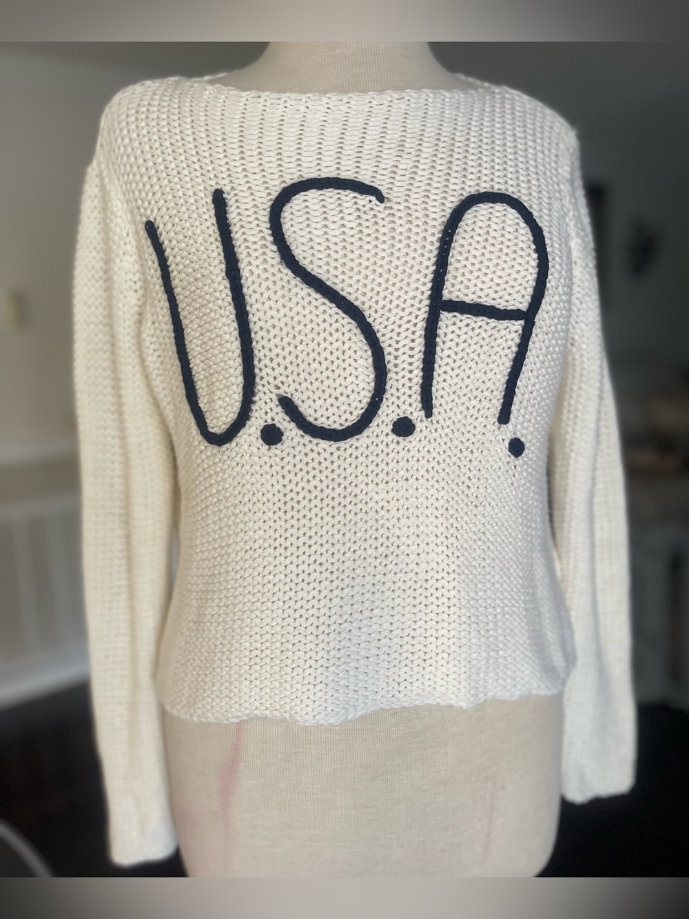 Wooden Ships Cream Knit Sweater with Navy U.S.A. Lettering
